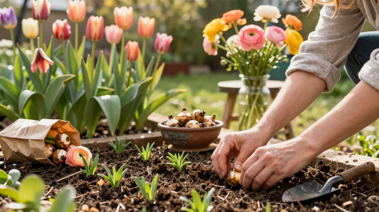 Pessoa a plantar bulbos de flores num canteiro com tulipas floridas ao fundo num jardim ensolarado.