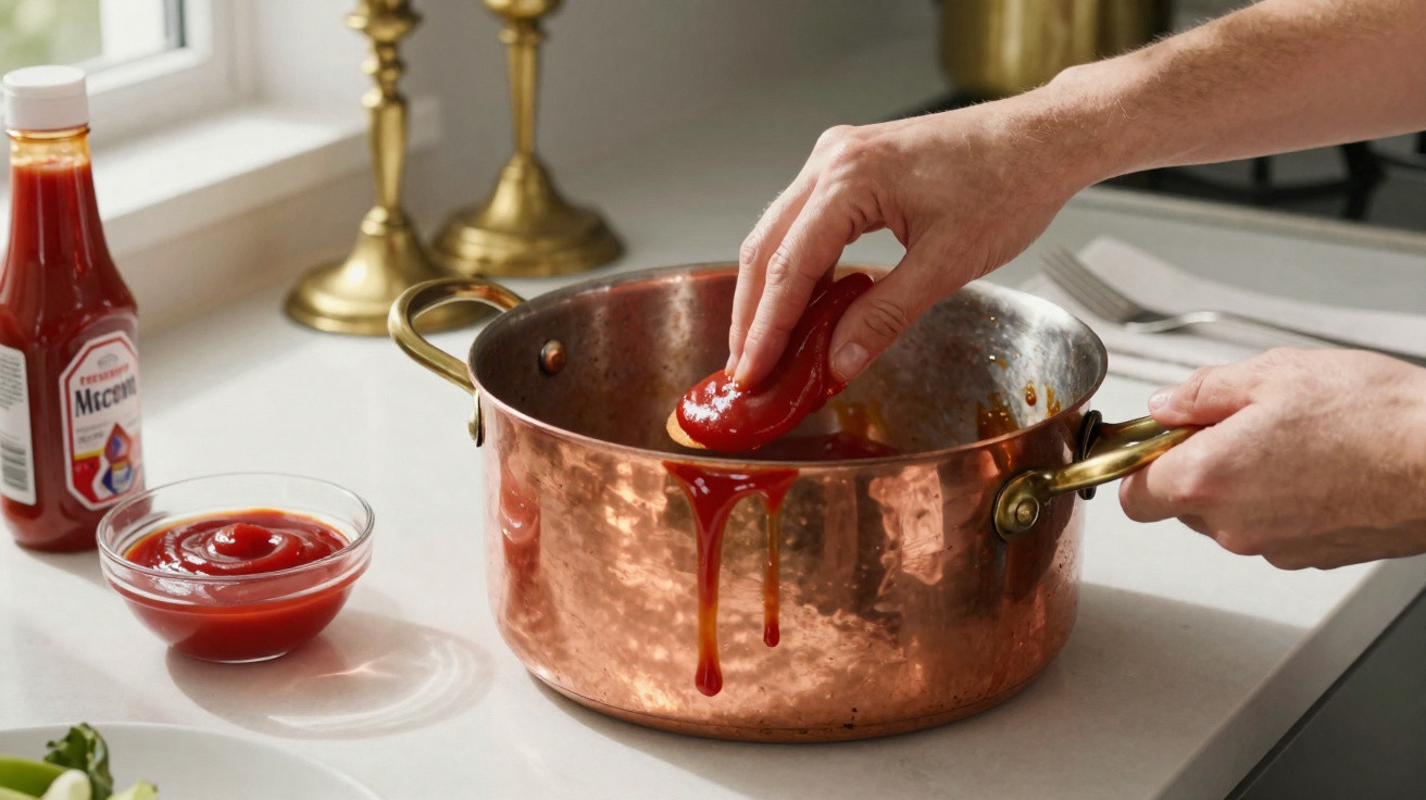 Mãos a mergulhar pão em ketchup dentro de panela de cobre numa bancada de cozinha iluminada.