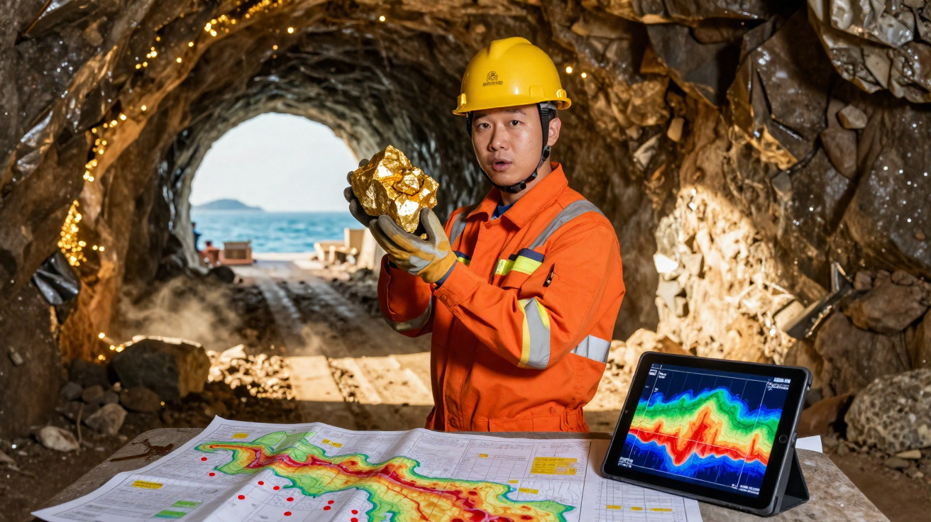 Mineiro em colete e capacete a segurar pepita de ouro dentro de mina com mapas e tablet na mesa.