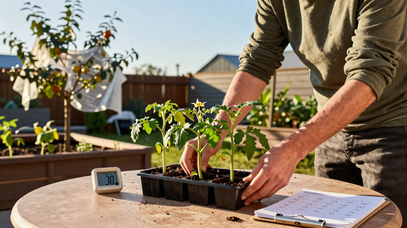 Pessoa transplantando plantinhas de tomate num tabuleiro preto numa mesa de madeira ao ar livre.