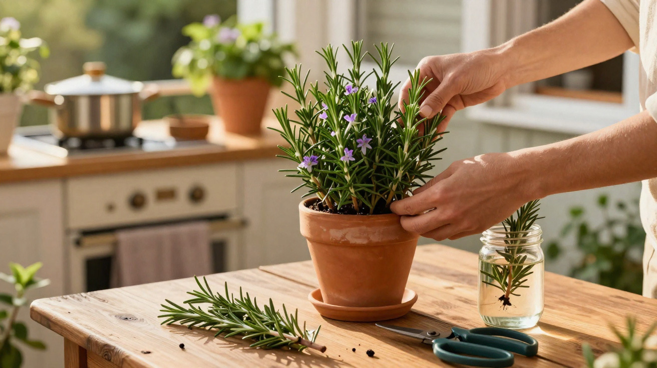 Mãos cuidadosas a tratar planta aromática em vaso de barro numa cozinha com luz natural.