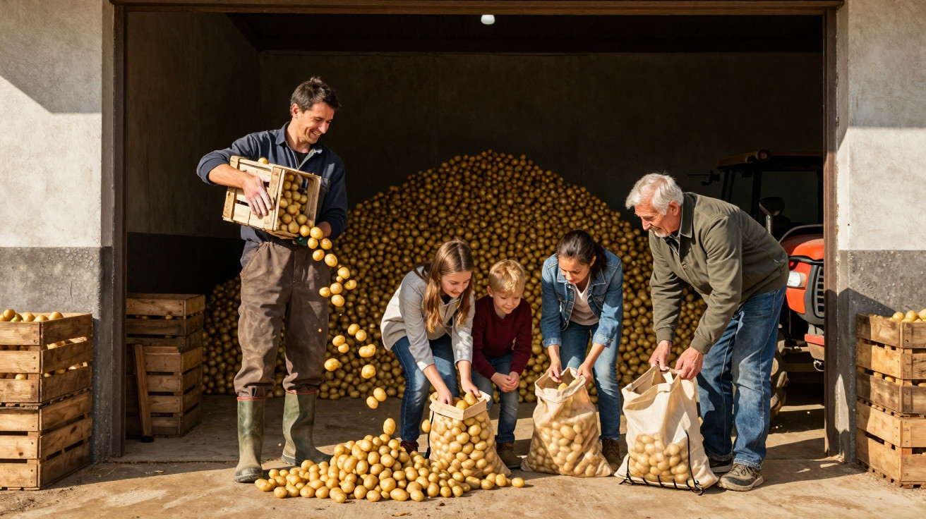 Cinco pessoas a encher sacos e caixas com batatas junto a armazém agrícola cheio de batatas.