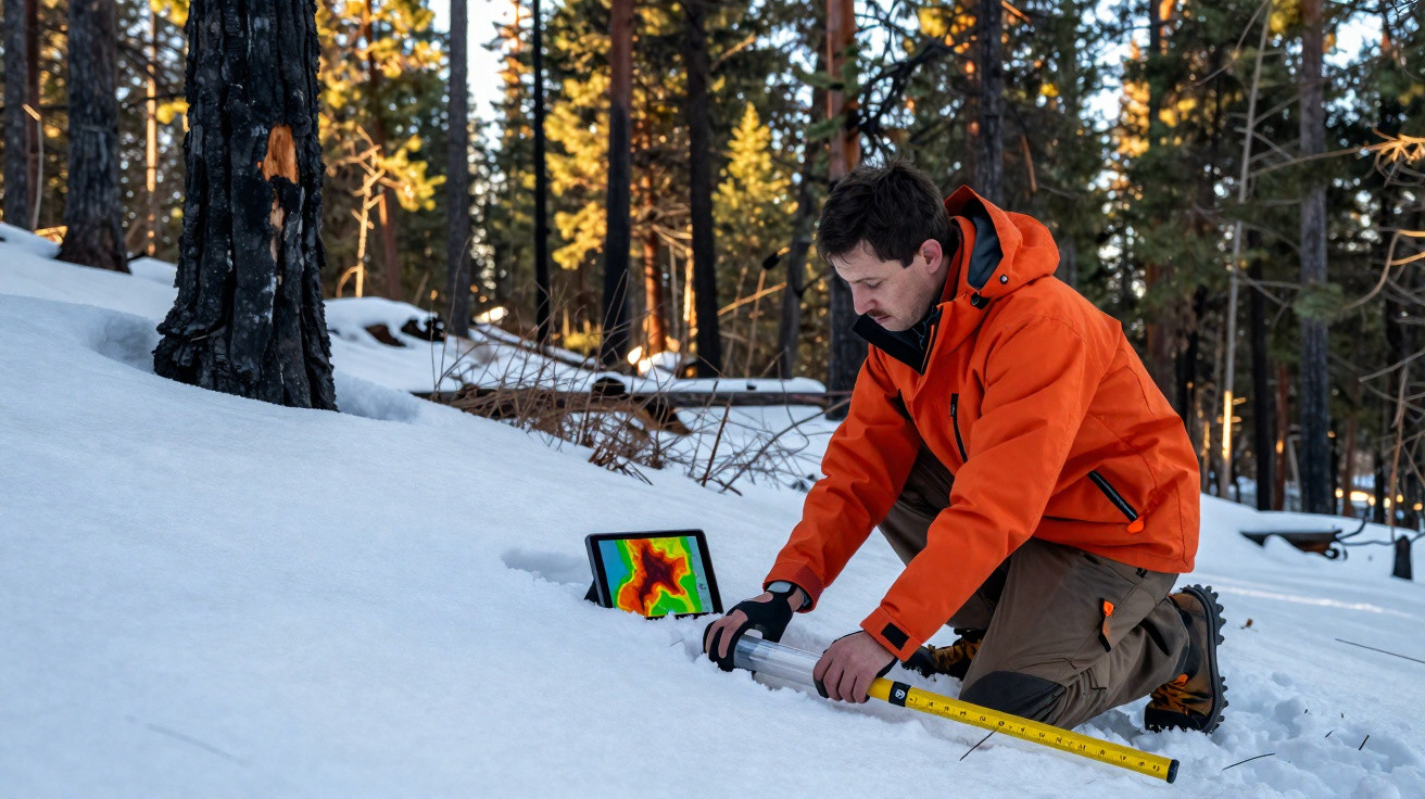 Homem com casaco laranja mede neve na floresta com equipamento e tablet com mapa térmico.