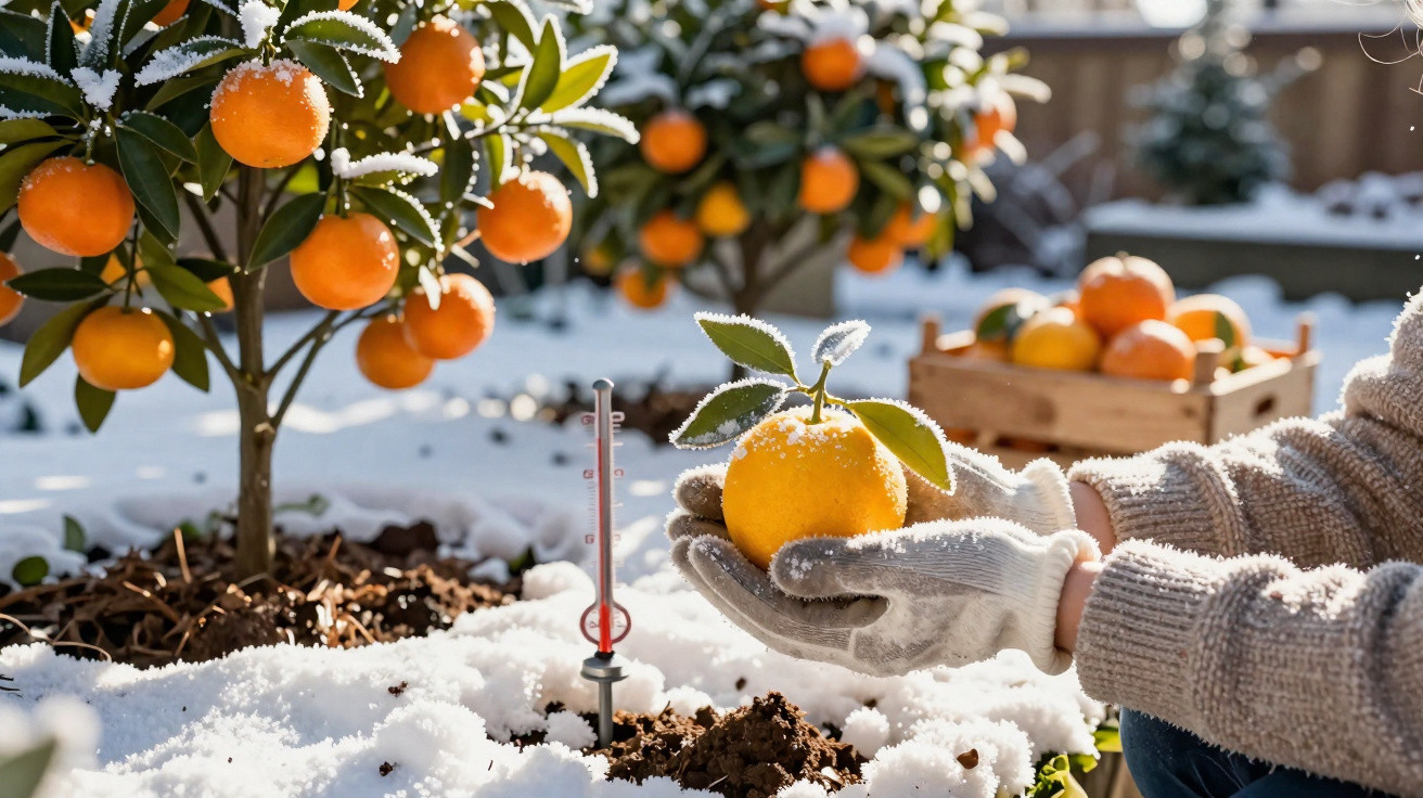Pessoa com luvas a segurar uma laranja congelada numa plantação coberta de neve e termómetro no solo.