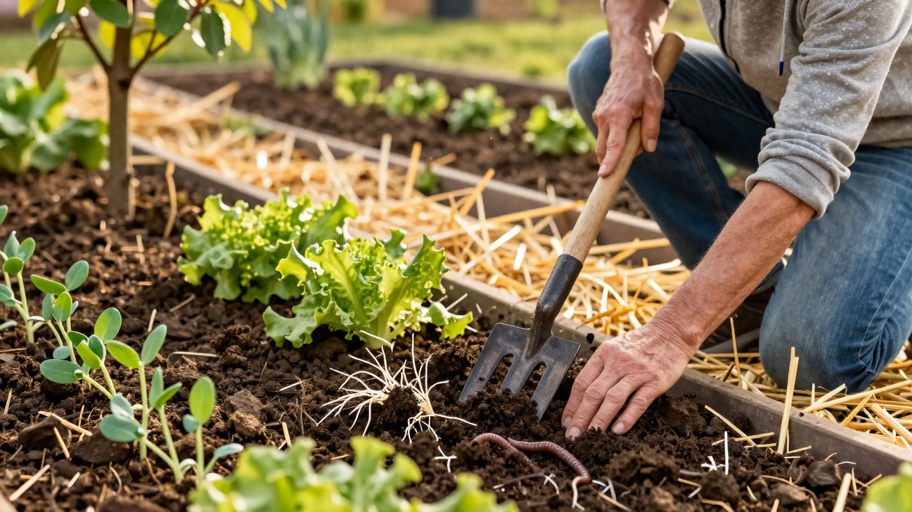 Pessoa a cultivar e arejar a terra numa horta com alfaces e outras plantas verdes.