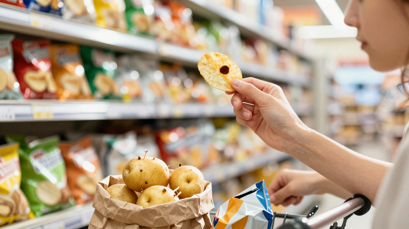 Pessoa segura batata frita com toque de ketchup no supermercado, sacola com batatas e carrinho de compras ao fundo.