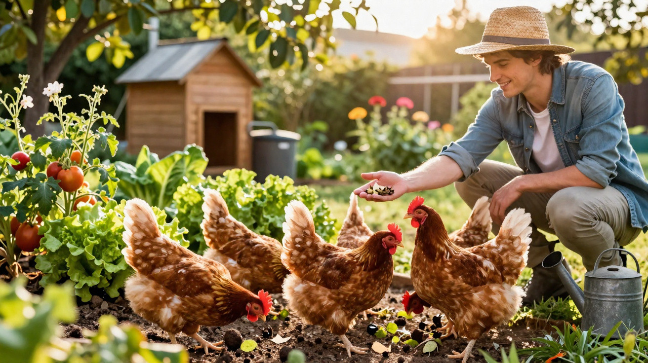 Jovem com chapéu a alimentar galinhas num jardim com plantas e tomateras ao entardecer.