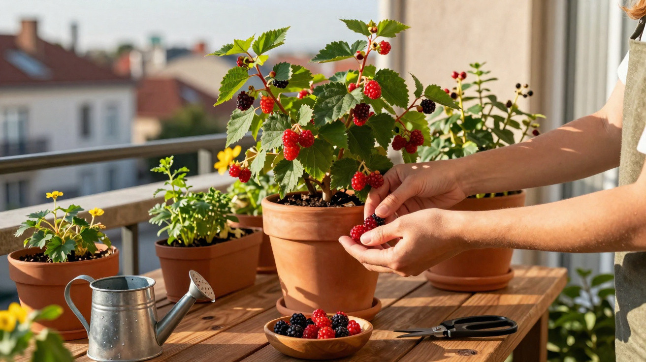 Pessoa a colher amoras num vaso com outras plantas e ferramentas de jardinagem numa varanda.