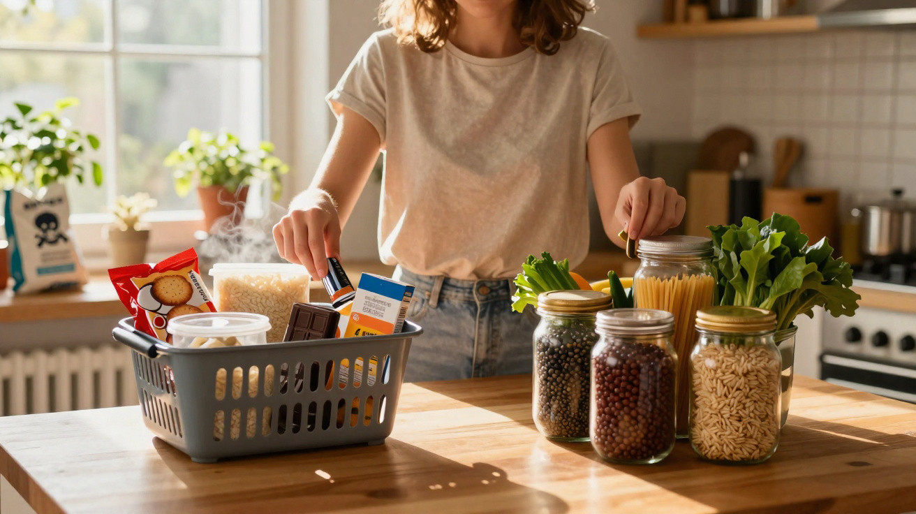 Pessoa a organizar alimentos num cesto e frascos com legumes e massas numa cozinha iluminada.