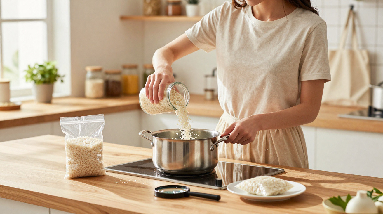Mulher a deitar arroz num tacho numa cozinha moderna e iluminada durante o dia.