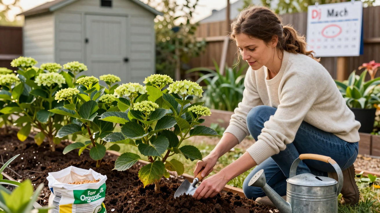 Mulher a cuidar de plantas verdes num jardim com regador e fertilizante ao lado.