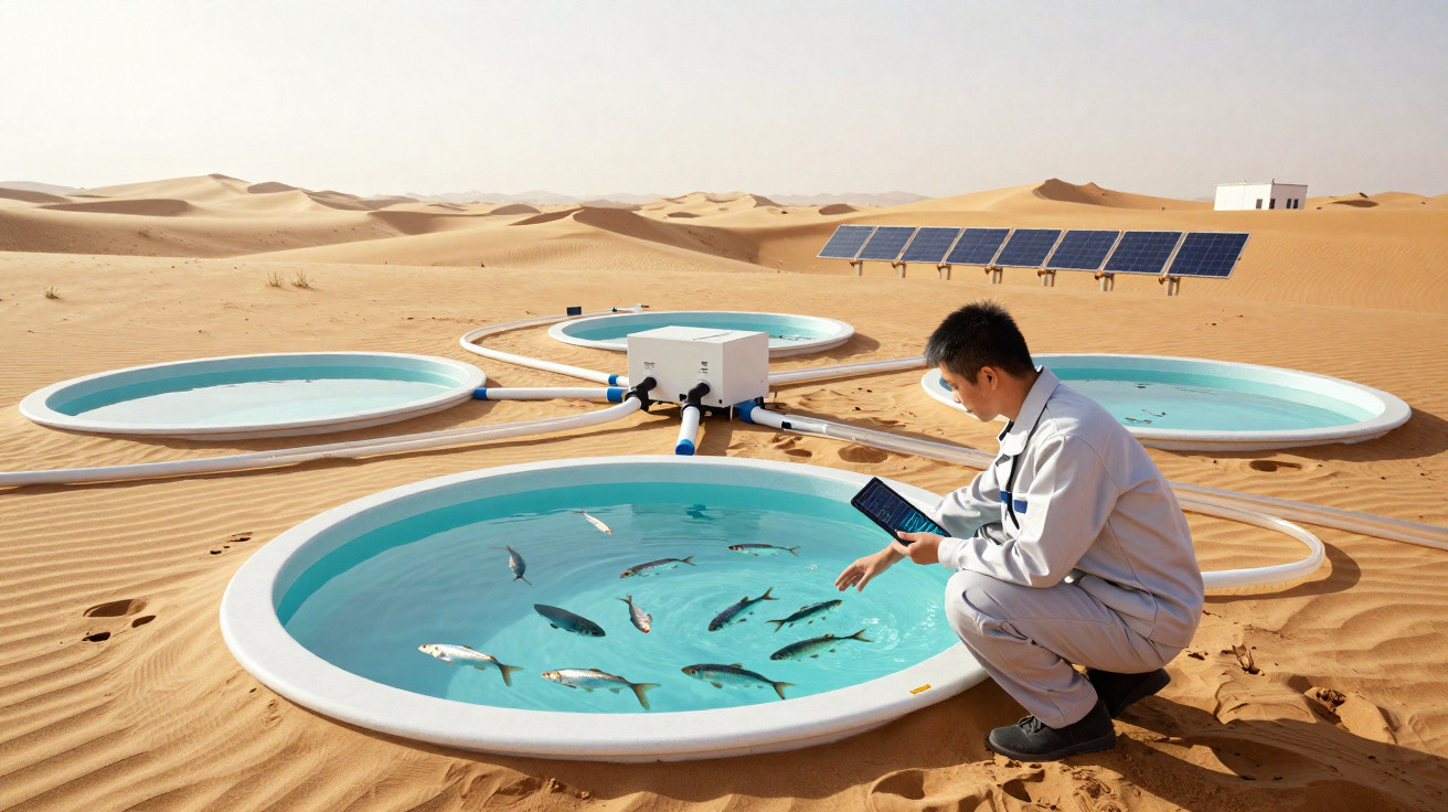 Homem a monitorizar tanques circulares de aquacultura no deserto, com painéis solares ao fundo.