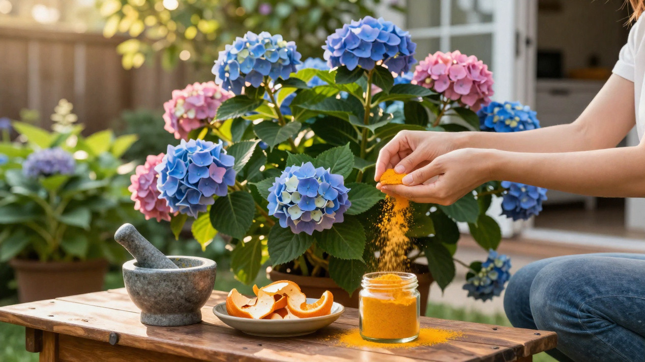 Pessoa a espremer sumo de laranja para um frasco, ao lado de flores coloridas e utensílios de cozinha num jardim.