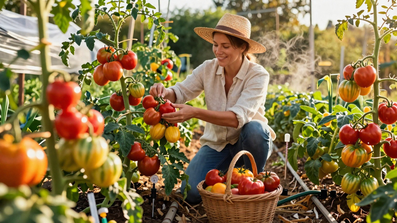 Mulher com chapéu apanha tomates maduros numa horta com cesta cheia de vegetais ao seu lado.