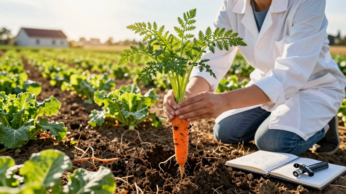 Pessoa em bata branca a colher cenoura num campo agrícola com caderno e canetas no solo ao lado.