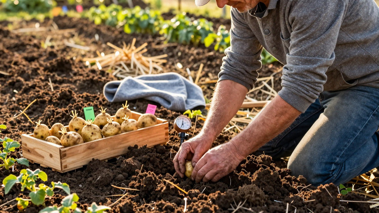 Pessoa a plantar batatas na terra de uma horta com caixa de batatas ao lado.
