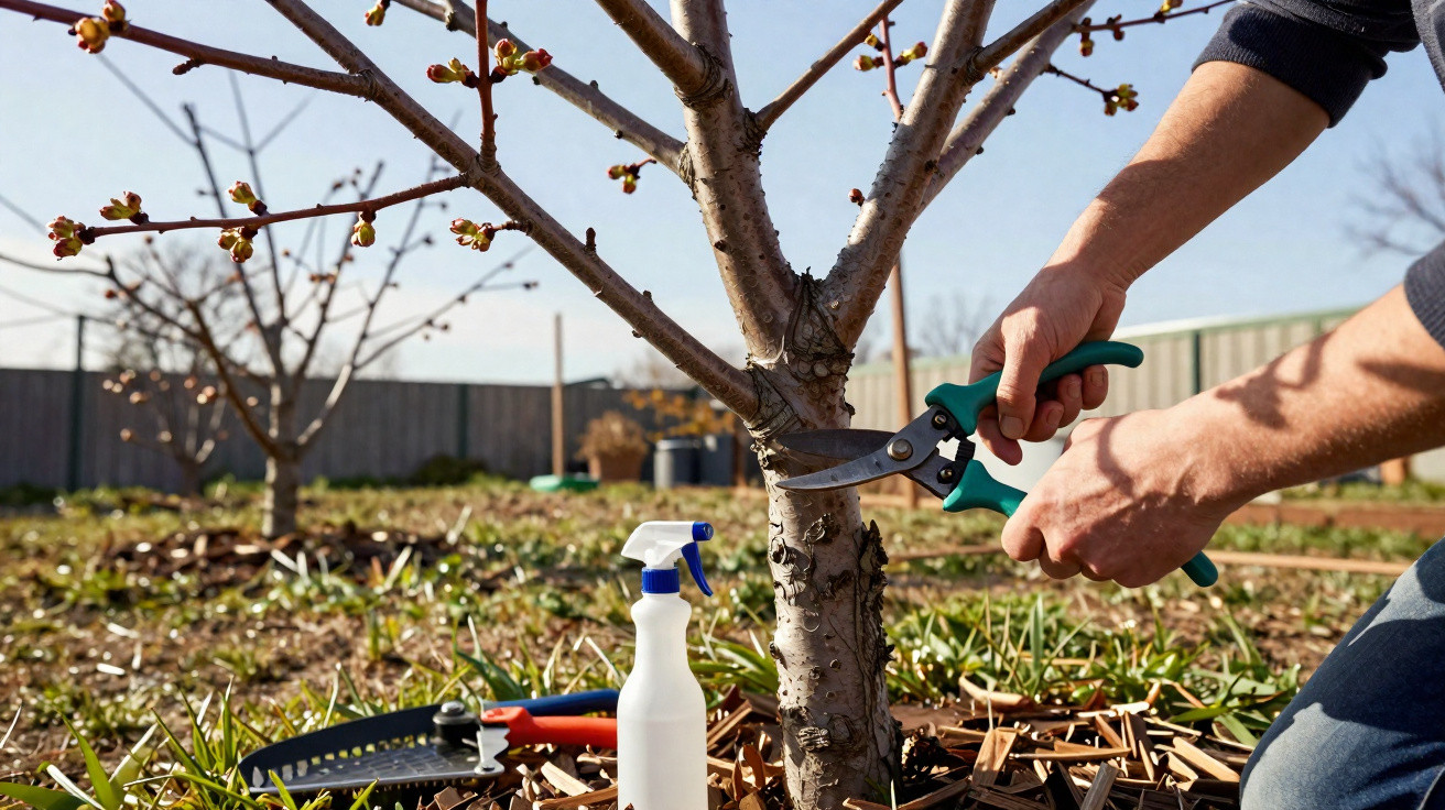 Pessoa a podar árvore de fruto com tesoura de poda num pomar ensolarado na primavera.