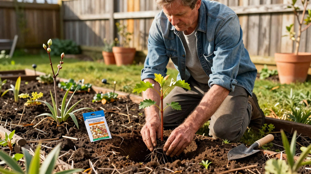 Homem a plantar uma muda de árvore num jardim com terra e outras plantas ao redor.