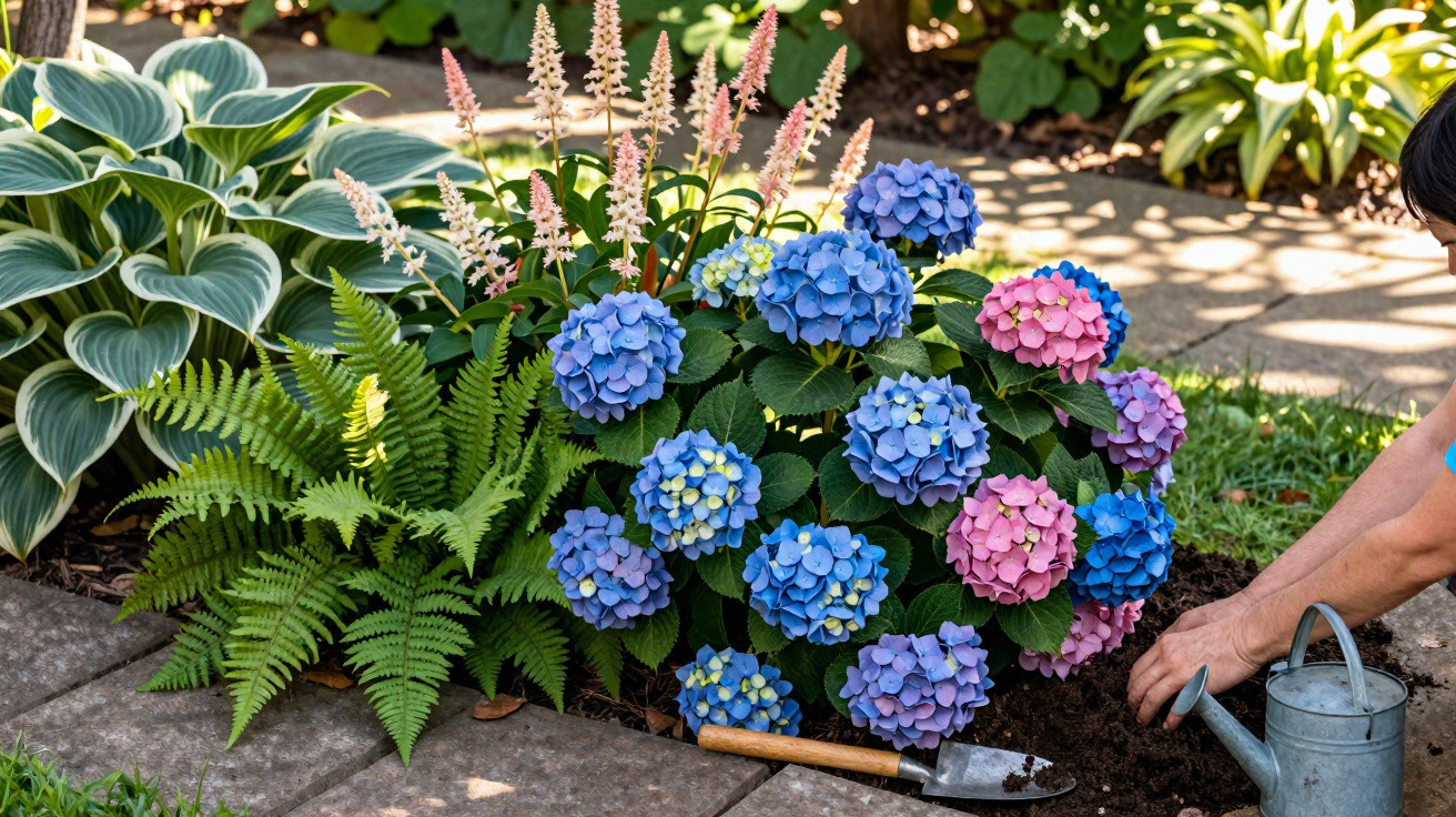 Jardim com hortênsias azuis e rosas, samambaias e planta verde, pessoa a regar com regador metálico.