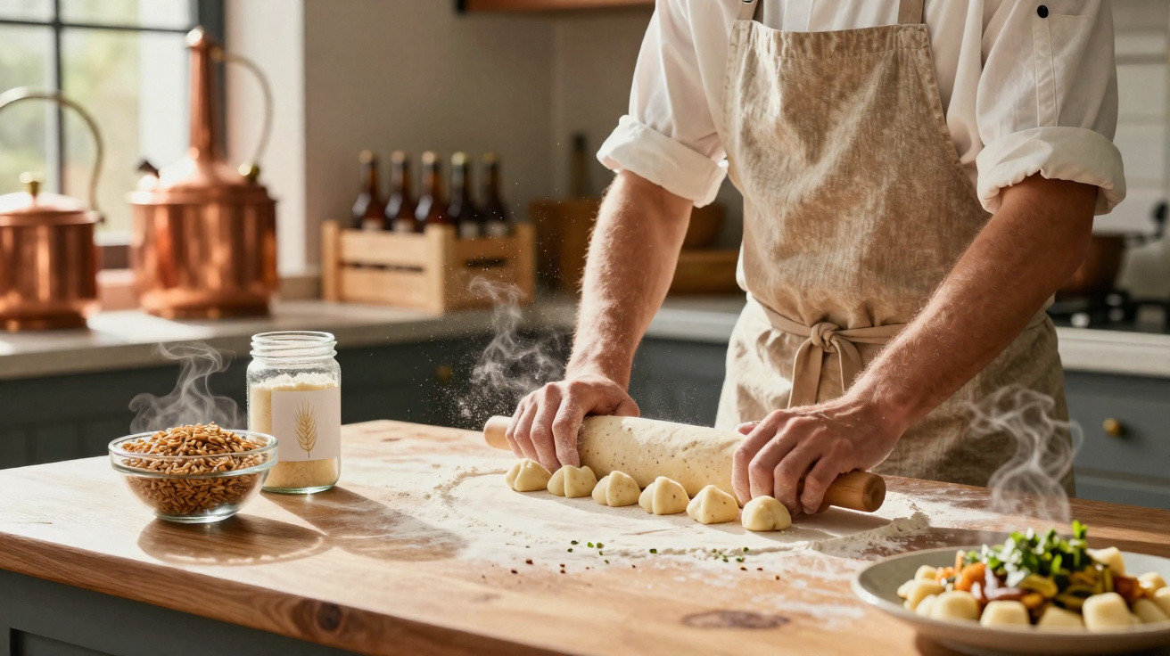 Pessoa a estender massa com rolo de madeira numa cozinha, com recipientes e prato de legumes na bancada.