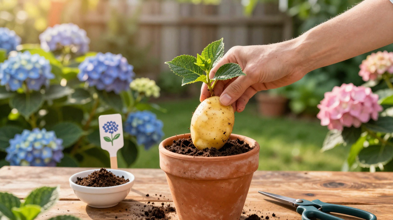 Pessoa a plantar batata com folhas numa jarra de barro num jardim com flores coloridas ao fundo.