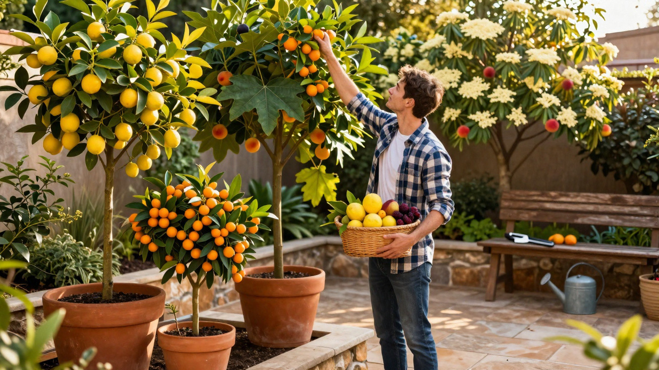 Homem a colher frutos de árvores cítricas em vasos num terraço ensolarado com cesto de frutas.
