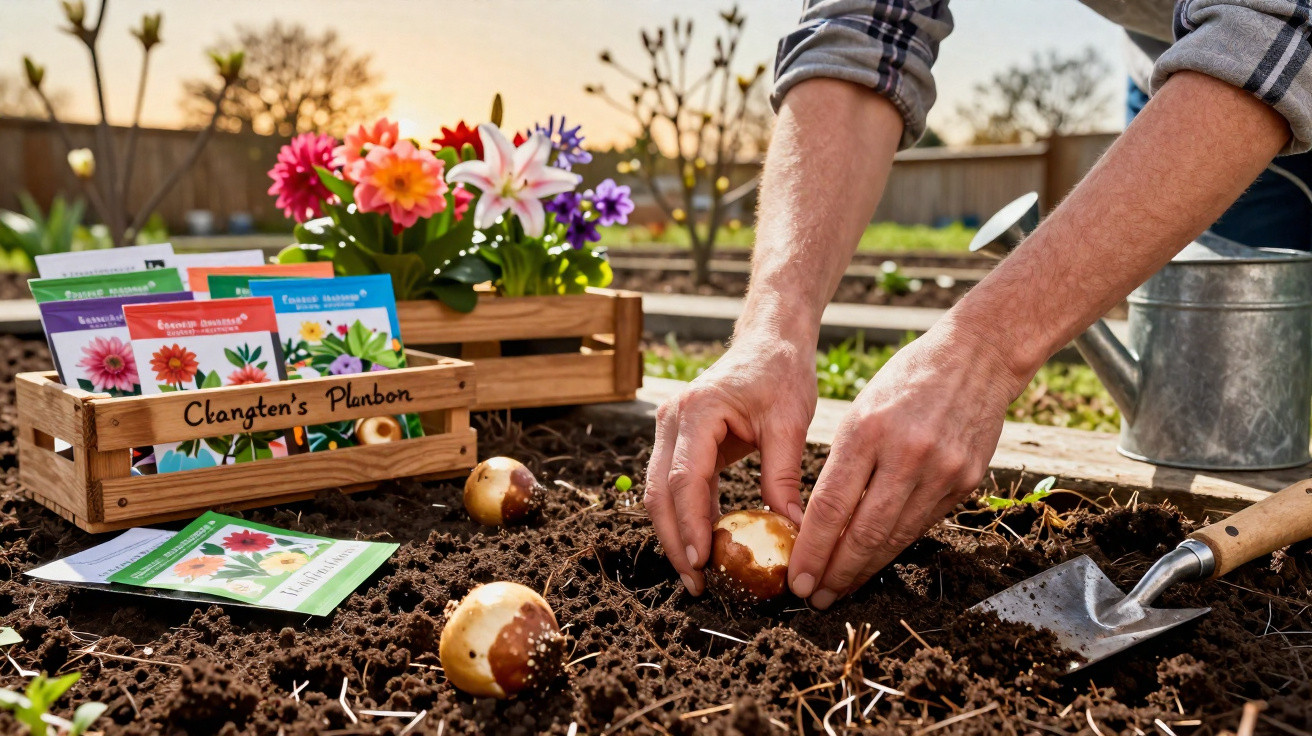 Mãos plantando bolbos de flores na terra, perto de sementes e flores coloridas num jardim ao pôr do sol.