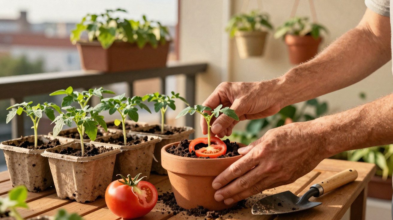Mãos a plantar uma muda de tomate num vaso com terra, tomate cortado e mais mudas num tabuleiro no fundo.