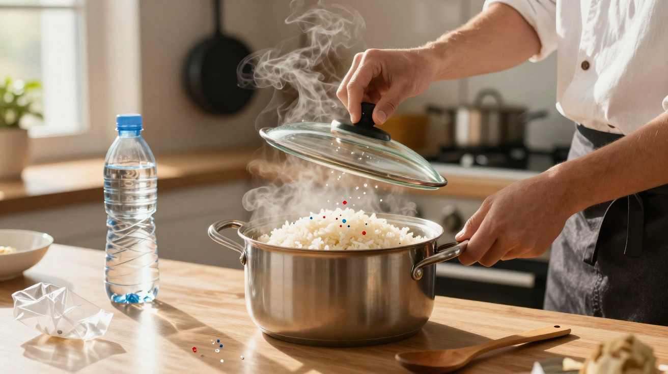 Pessoa a levantar tampa de panela com arroz fumegante numa cozinha moderna.