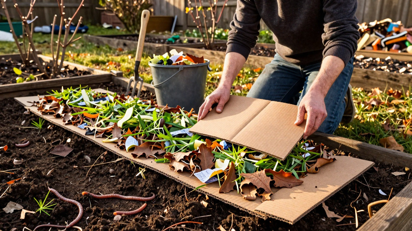 Pessoa prepara canteiro com cartão, folhas secas e restos de plantas para compostagem em jardim doméstico.