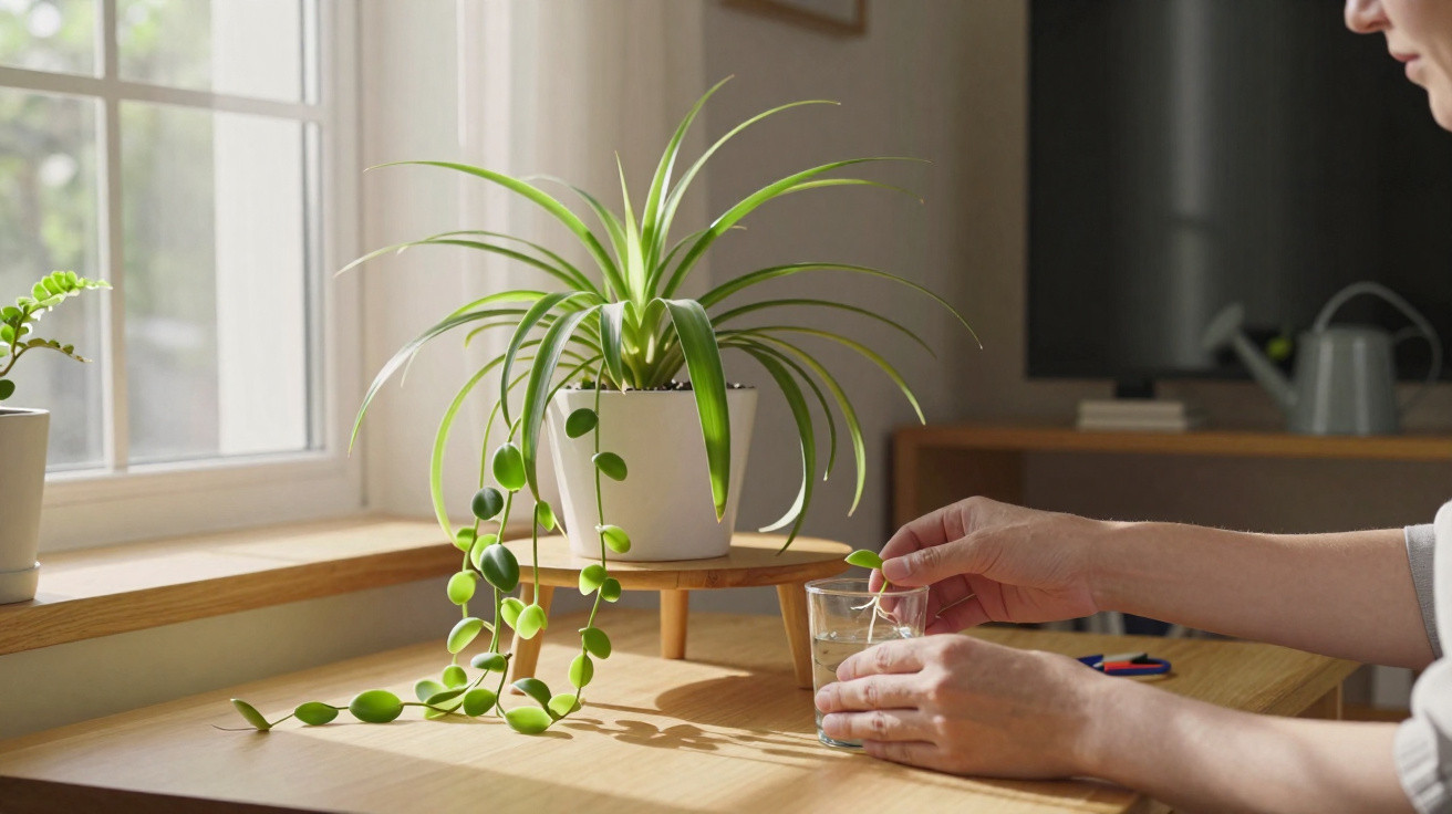 Planta em vaso branca numa mesa de madeira perto da janela, com pessoa a mexer copo de vidro.
