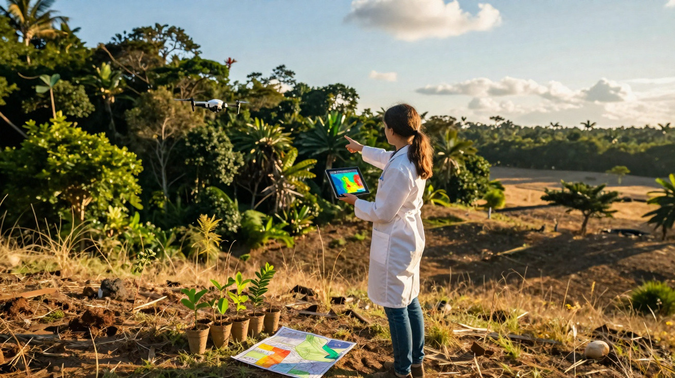 Investigadora em campo a monitorizar plantações com drone e tablet, rodeada de plantas jovens e mapas.