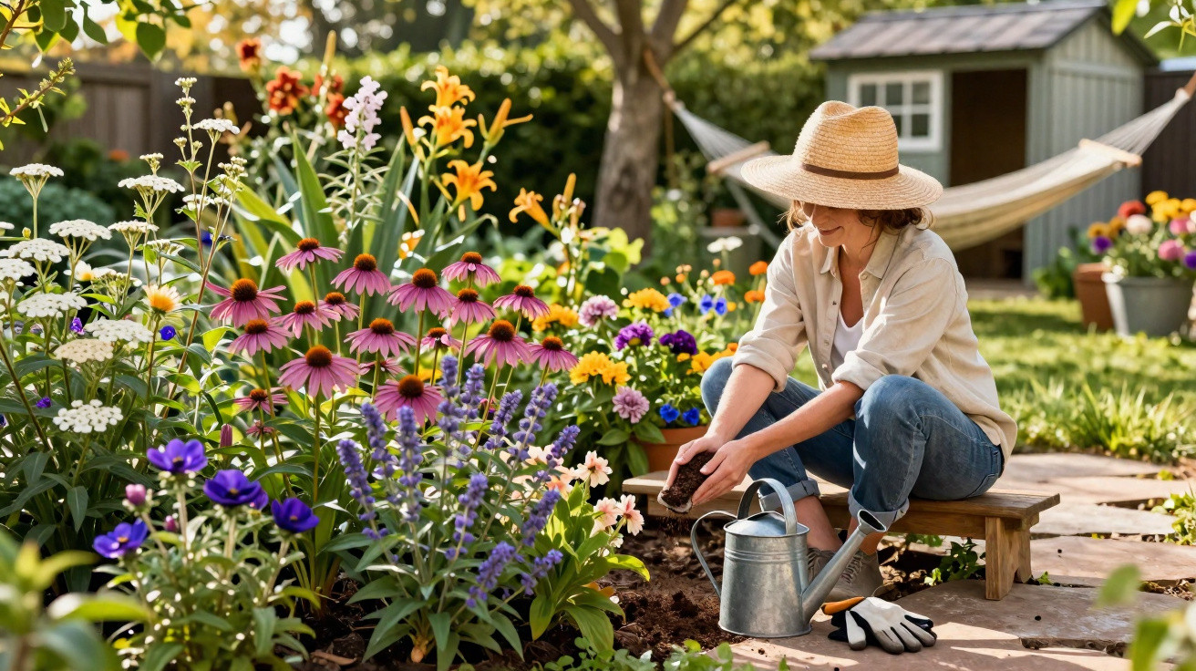 Mulher de chapéu a cuidar de flores coloridas no jardim com regador e luvas ao lado.
