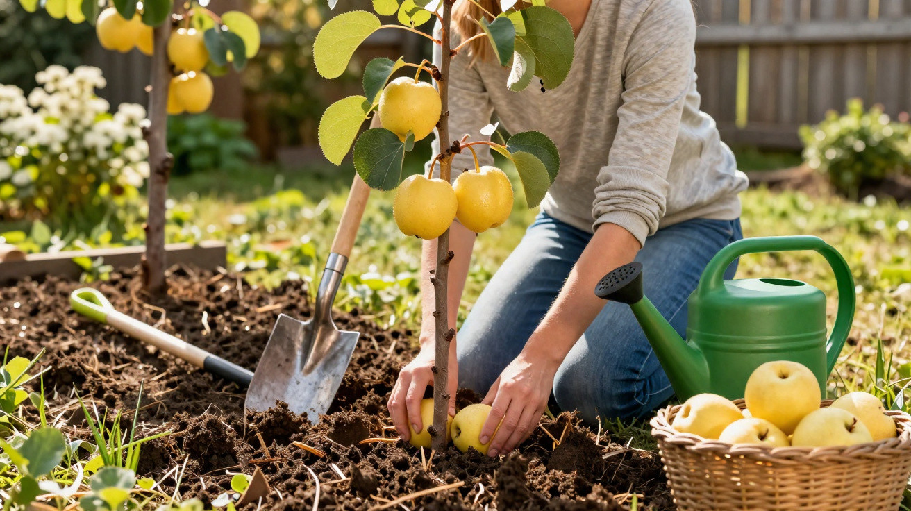 Pessoa a colher maçãs amarelas junto a uma árvore num jardim com regador, pá e cesta de fruta.