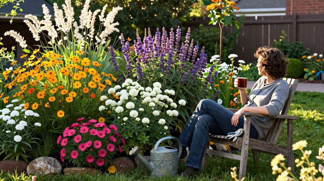 Mulher sentada num jardim florido, segurando uma chávena e olhando para as flores ao entardecer.