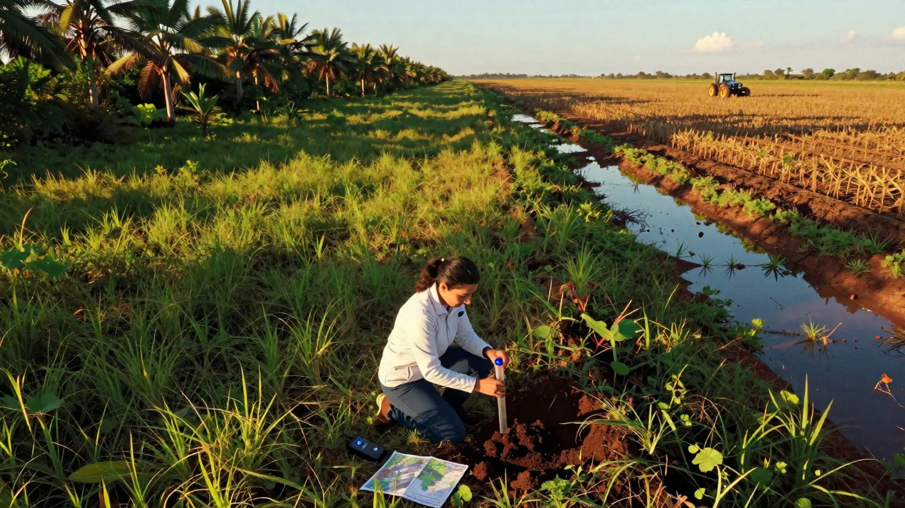 Mulher a fazer análises ao solo numa plantação com rega por canal junto a área agrícola vasta.