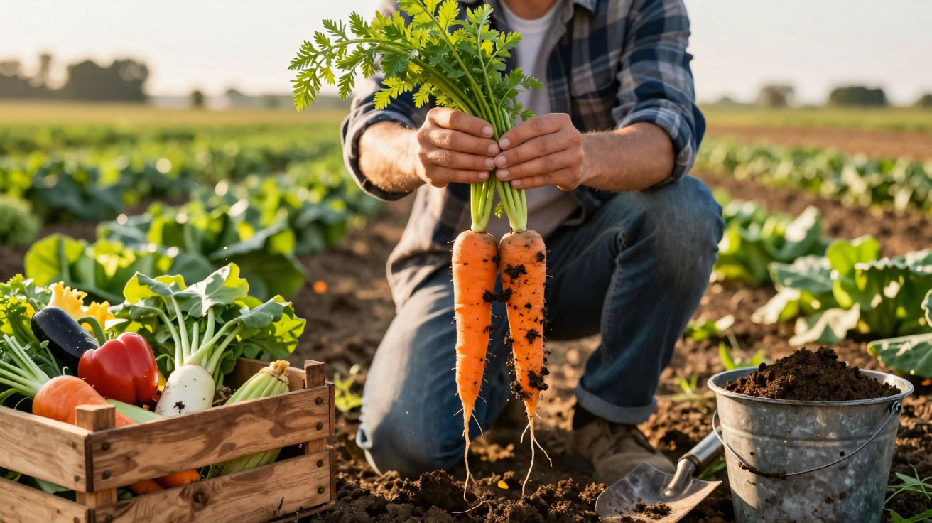 Homem agachado na horta, segurando duas cenouras frescas com terra, com caixa de legumes ao lado.