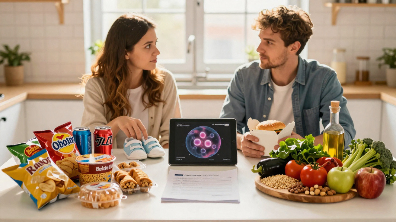 Casal debate escolhas alimentares entre junk food e alimentos saudáveis numa cozinha moderna.