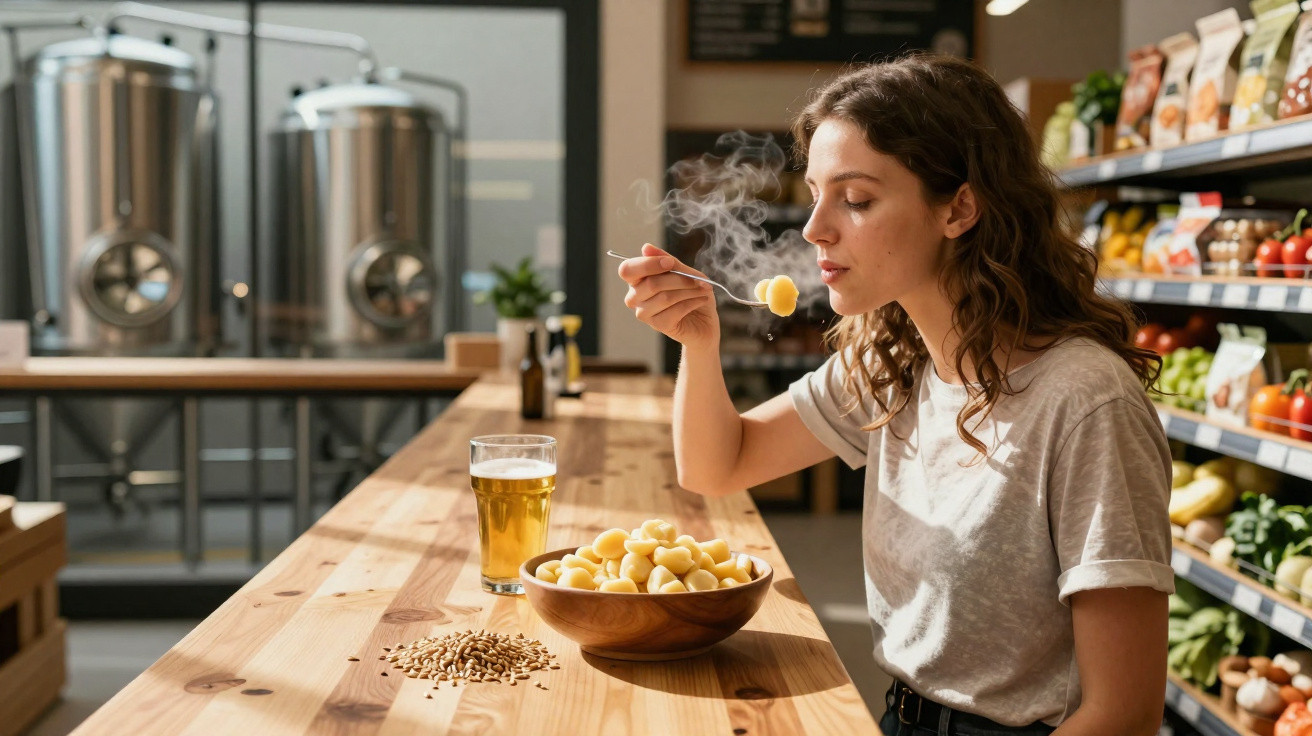Mulher a comer massa fumegante sentada numa mesa de madeira com copo de cerveja e produtos à volta.