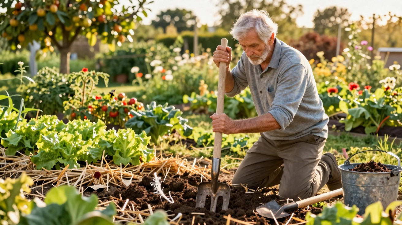 Homem idoso a cultivar uma horta, usando uma ferramenta para mexer a terra num jardim iluminado pelo sol.