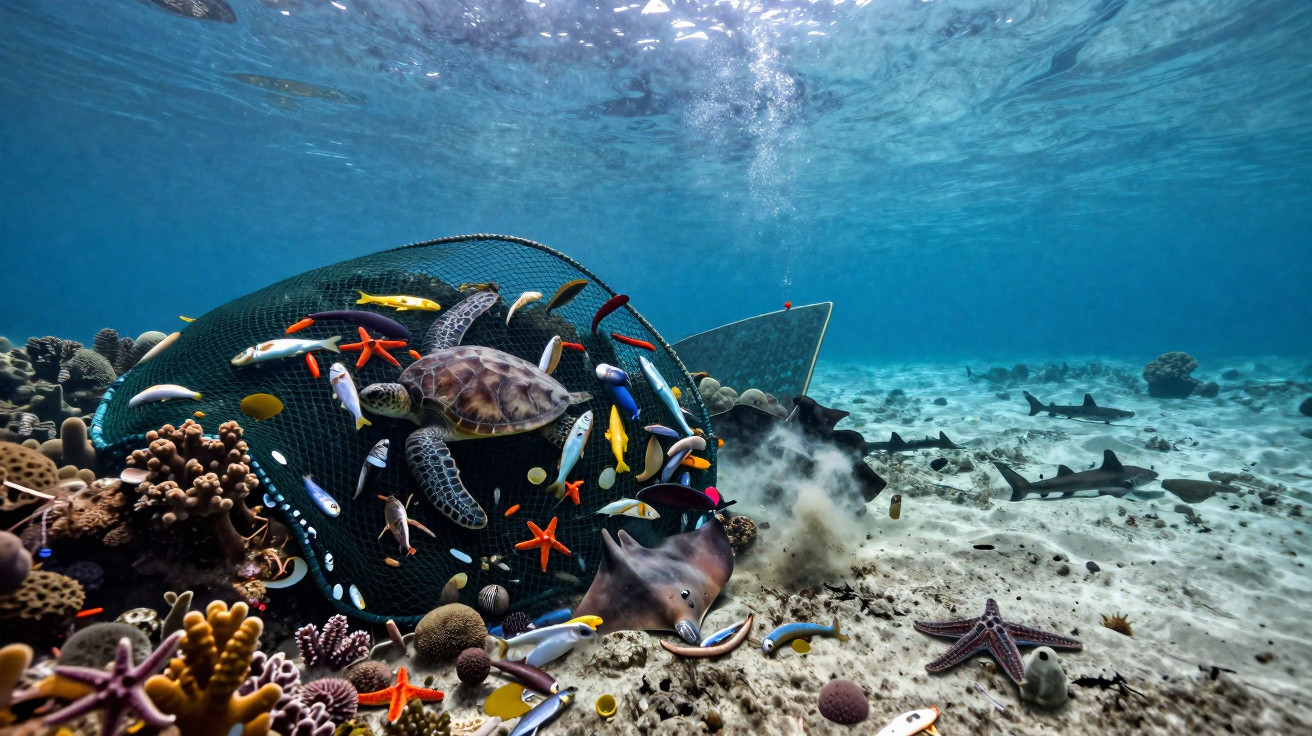 Vida marinha vibrante com tartaruga, raias, tubarões, estrelas do mar e peixes coloridos perto de redes submersas.