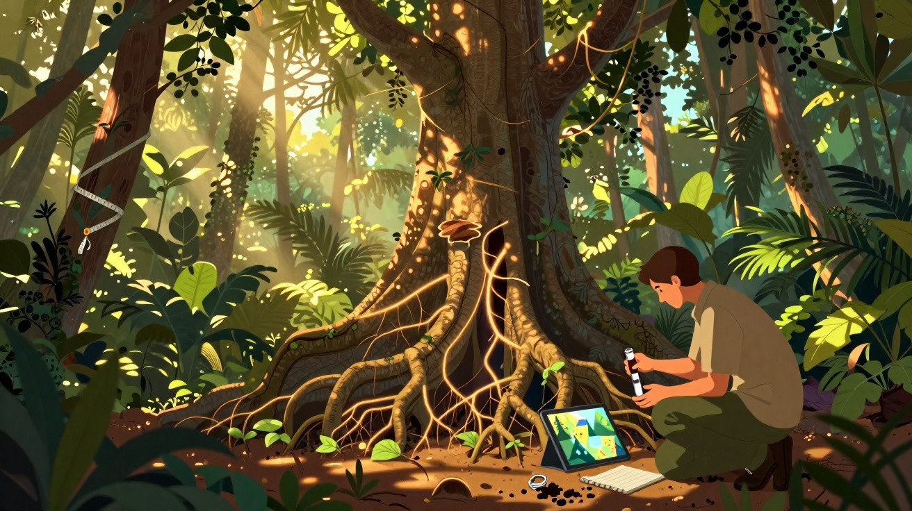 Pessoa numa floresta a estudar raízes de árvore gigante com tablet, cadernos e frasco nas mãos ao amanhecer.