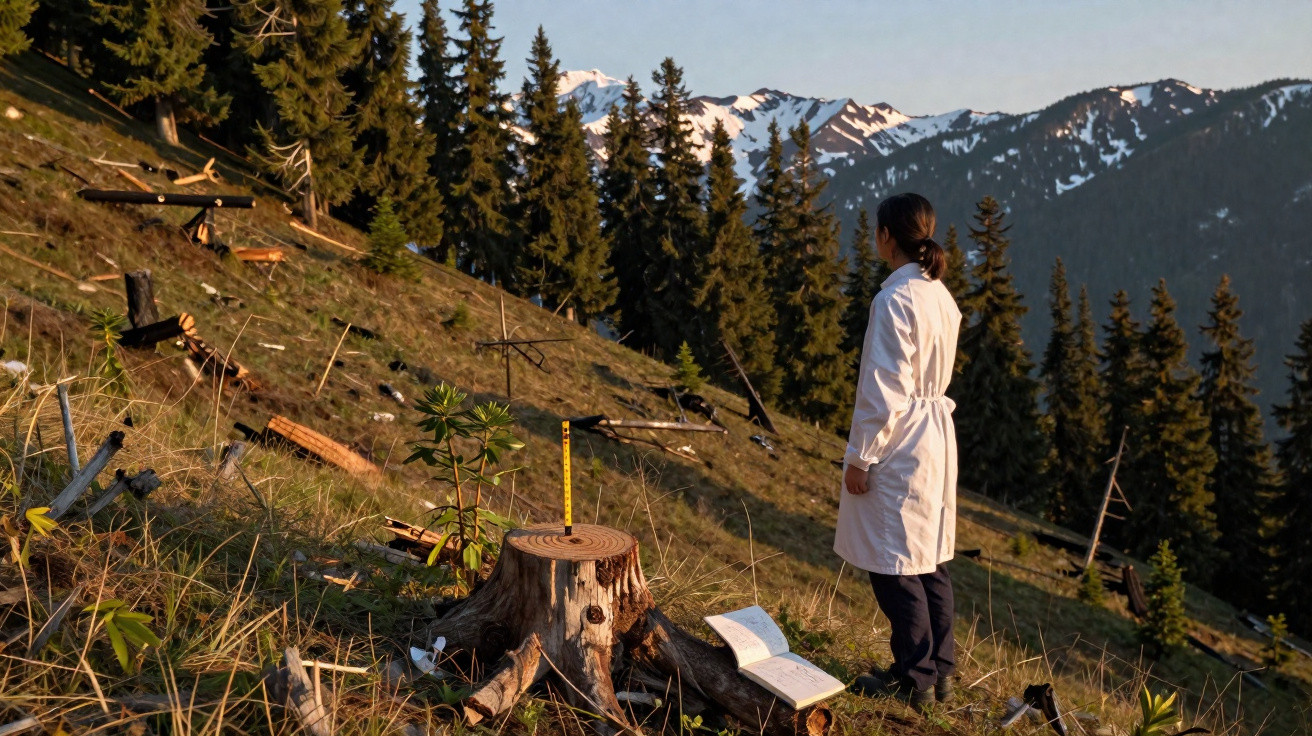 Pessoa de bata branca observa encosta com árvores e montanhas nevadas ao fundo, num cenário natural.