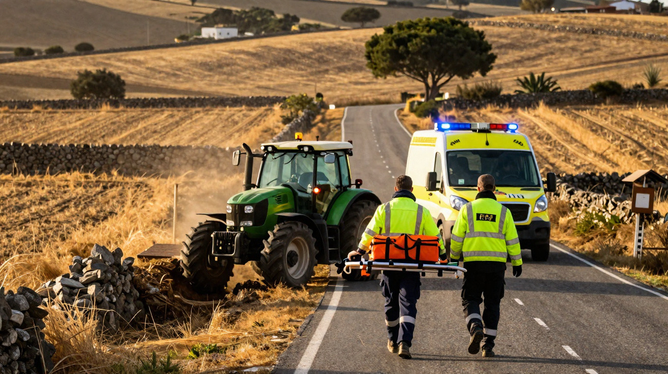 Dois socorristas caminham com uma maca perto de um trator em estrada rural com ambulância ao fundo.