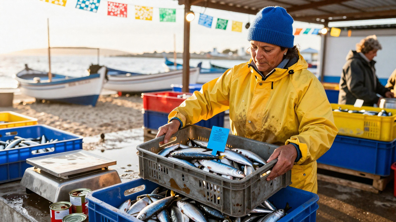 Mulher com casaco amarelo e gorro azul manuseia caixa com peixe fresco num mercado junto ao mar.
