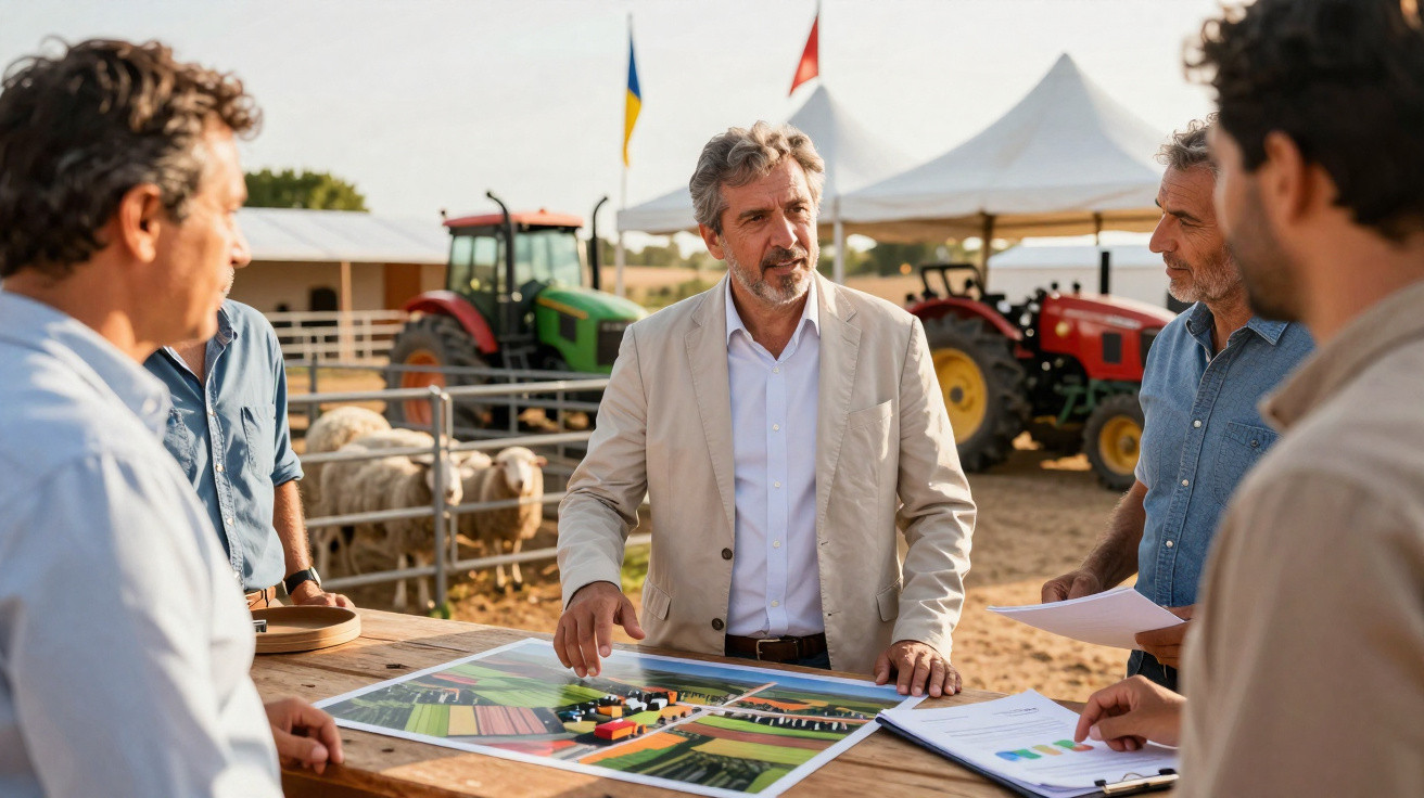 Homem de fato bege a explicar projeto agrícola para grupo de agricultores ao ar livre com tratores ao fundo.