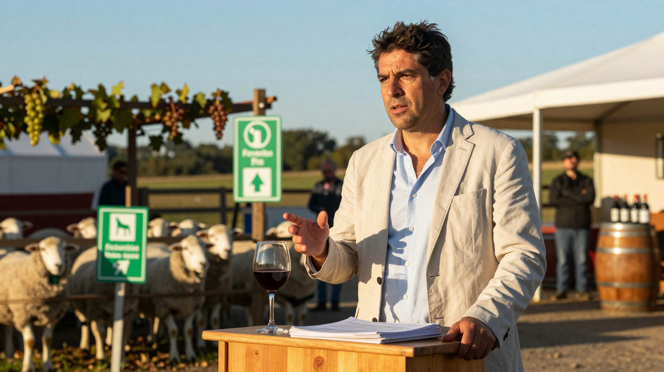 Homem a discursar ao ar livre junto a ovelhas, com copo de vinho tinto e pilha de papéis numa mesa de madeira.