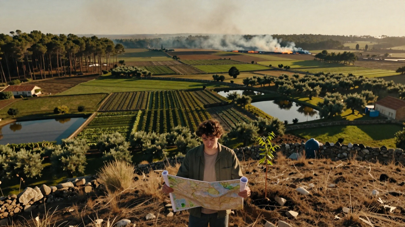 Jovem com mapa na mão numa colina com campos agrícolas e fumo a sair de uma queimada ao fundo.