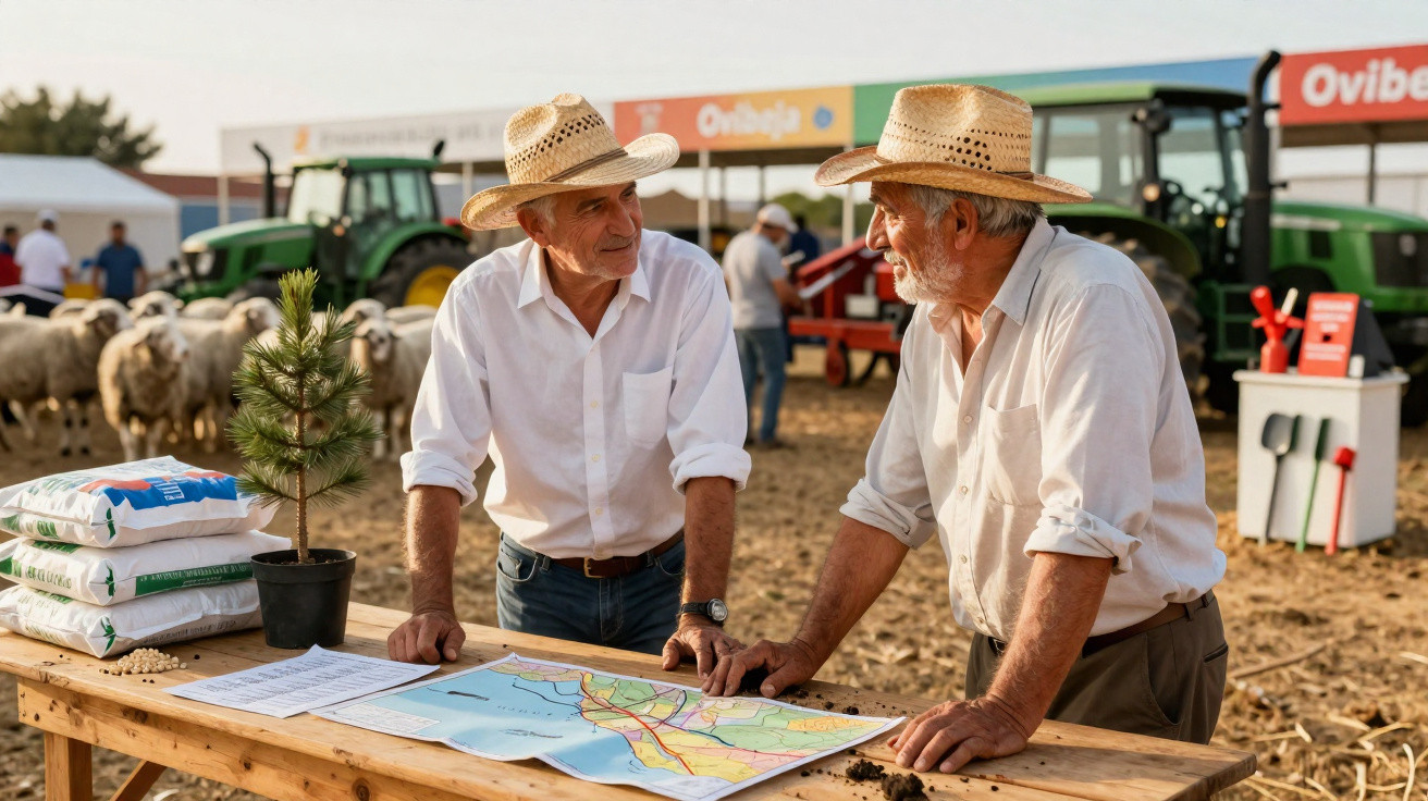 Dois agricultores com chapéus de palha discutem um mapa sobre uma mesa ao ar livre numa feira agrícola.