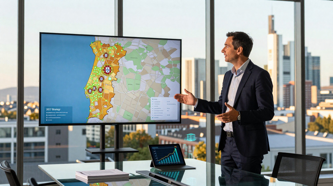 Homem em fato apresenta mapa de Portugal numa sala de reuniões com vista para a cidade.